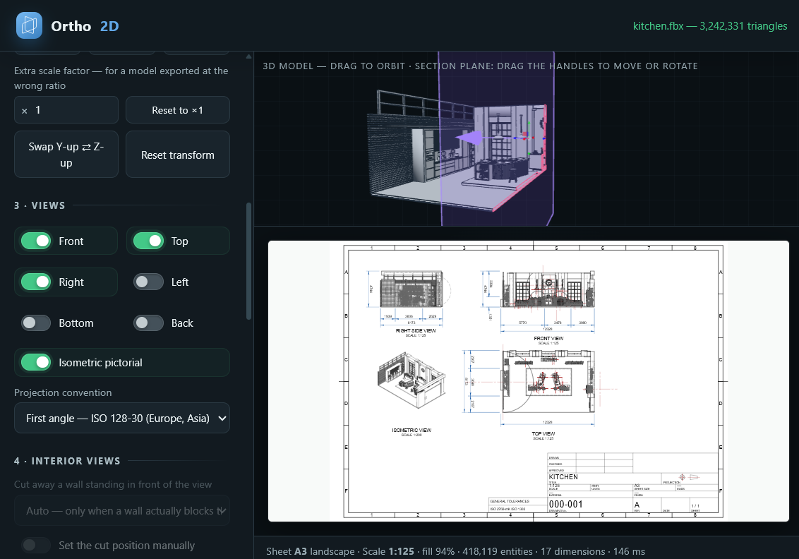 Ortho2D engineering drawing workspace