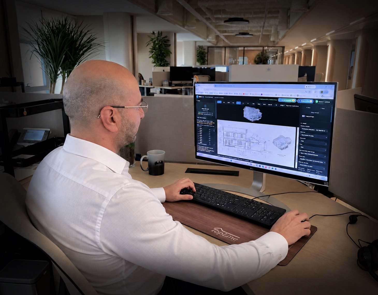 Engineer at his desk converting a 3D house model into a dimensioned 2D drawing with Ortho2D